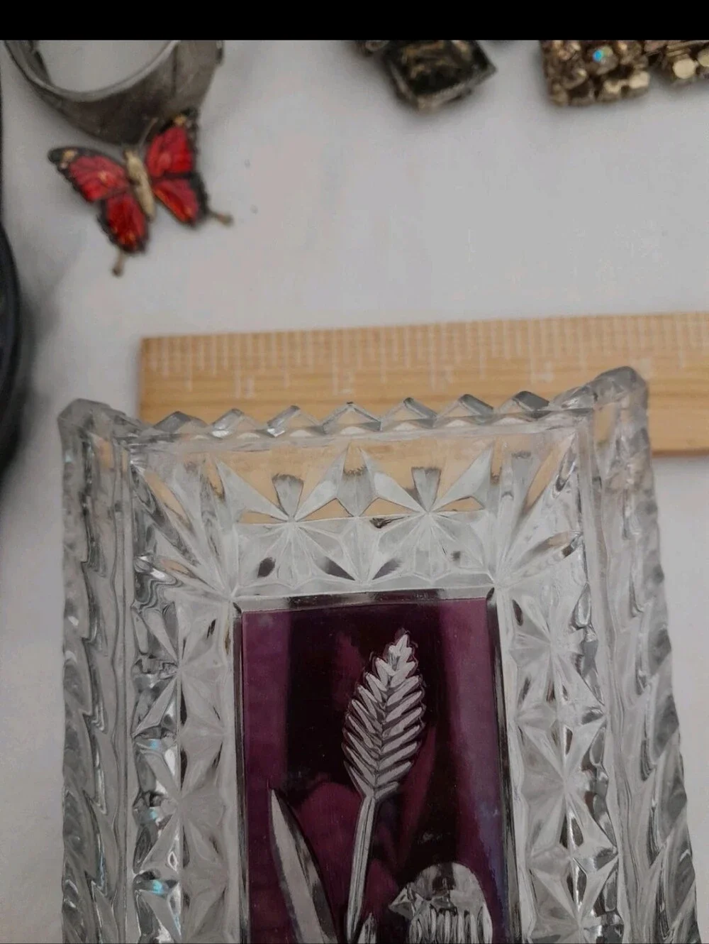 Vintage Clear Cut Glass Vase with Plum Accent and Bird Motif